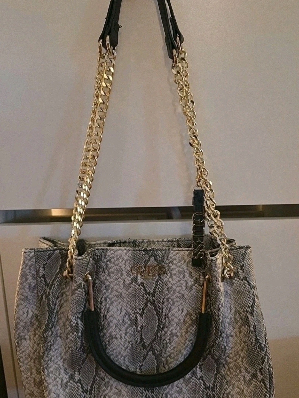 Guess Snake-Print Tote in Gray with Gold Chain Straps